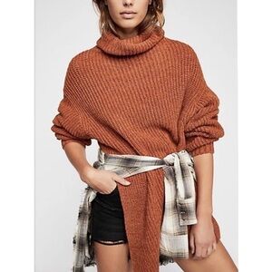 Free People Burnt Orange Ribbed Oversized Eleven Turtleneck Sweater L